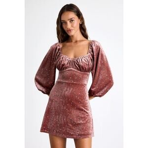 Lulus Adored Perfection Mauve Floral Velvet Balloon Sleeve Mini Dress Pink